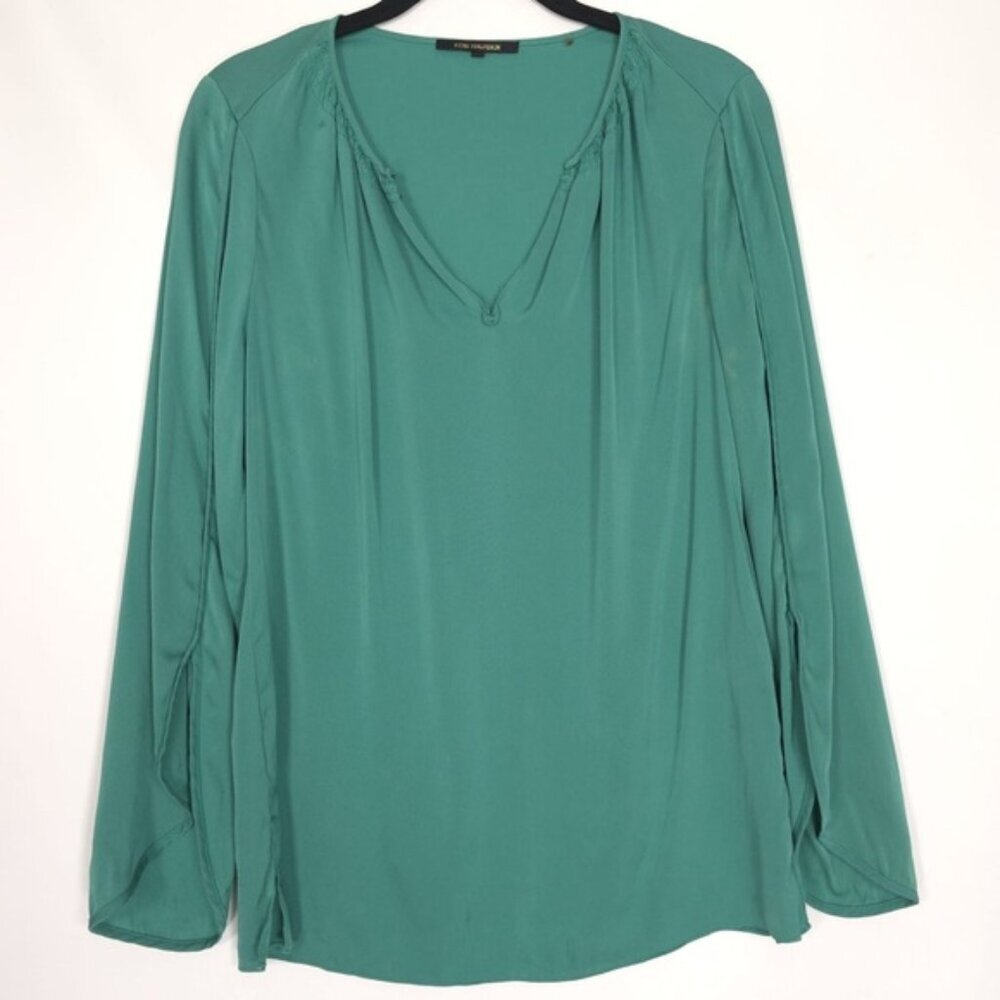 KOBI‎ HALPERIN Women’s SILK V neck Tie Top Split Long Sleeve Green KS1B60 SMALL